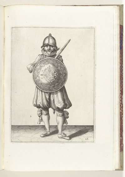 De exercitie met schild en spies: de soldaat staande in rust zijn rapier rustend op de linkerschouder achter het schild (nr. 23), 1618 door Adam van Breen