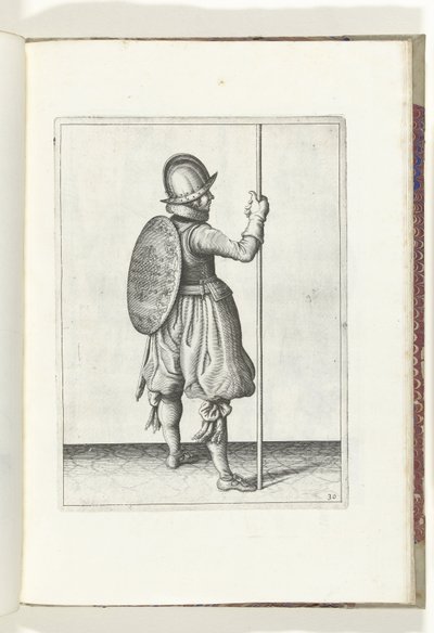De exercitie met schild en spies: de soldaat staande met de spies rustend op de grond naast de rechtervoet (nr. 30), 1618 door Adam van Breen