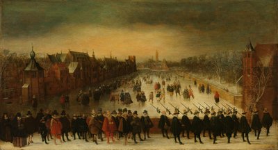 De Vijverberg, Den Haag, in de Winter, met Prins Maurits en zijn Gevolg op de Voorgrond door Adam van Breen