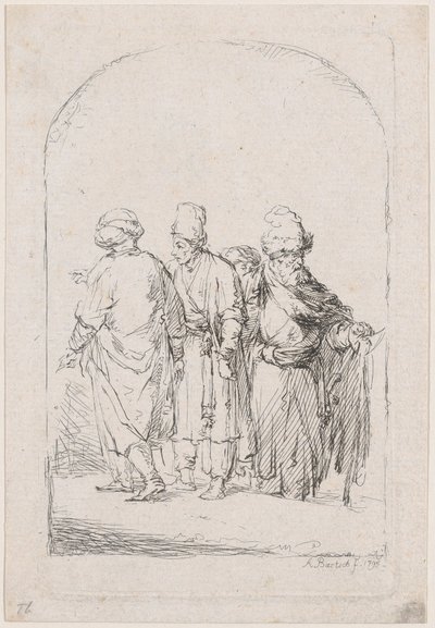 Groep van vier staande mannen in oosterse kleding door Adam von Bartsch