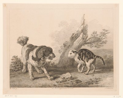 Hond en kat in vechthouding tegenover elkaar door Adam von Bartsch