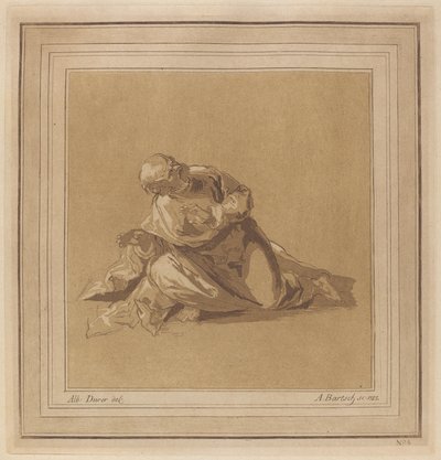 Een hurkende apostel (Sint Pieter) door Adam von Bartsch, after a drawing formerly attributed to Albrecht Dürer