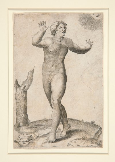 Een naakte man die bang is door het zien van de maan en de zon tegelijkertijd in de lucht door Adamo Scultori