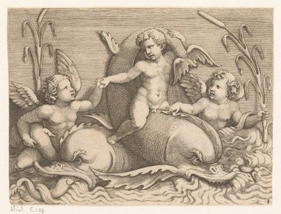 Drie putti met dolfijnen door Adamo Scultori