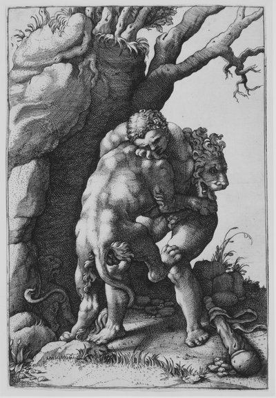 Hercules en de Nemeïsche Leeuw door Adamo Scultori