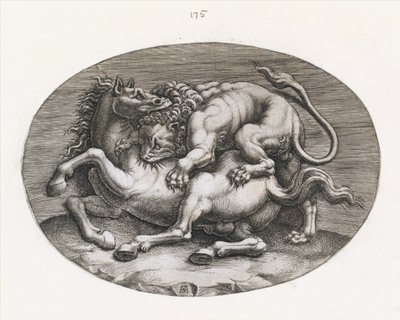Speculum Romanae Magnificentiae: Leeuw die een paard aanvalt, ca. 1540-80 door Adamo Scultori