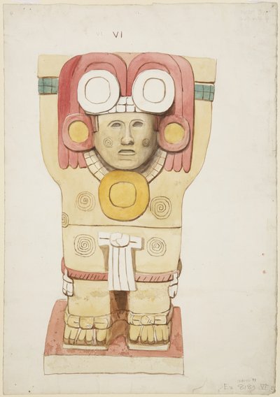 Kariatide uit de buitenkamer, Tempel A, balspelbaan, Chichen Itza, Mexico door Adela Breton