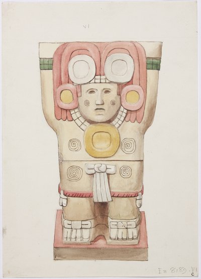Kariatide uit de buitenkamer, Tempel A, balspelveld, Chichen Itza, Mexico door Adela Breton