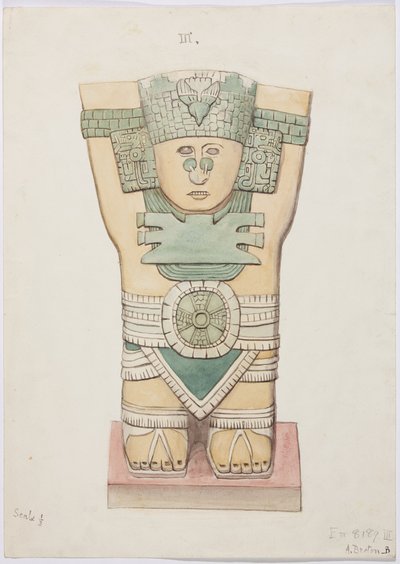 Kariatide uit de buitenkamer, Tempel A, balspelbaan, Chichen Itza, Mexico door Adela Breton