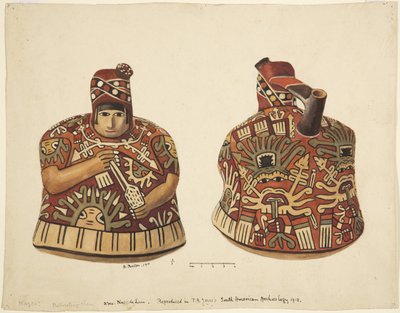 Container met een menselijke figuur aan één kant en een tuit achter het hoofd uit Nazca, Peru door Adela Breton