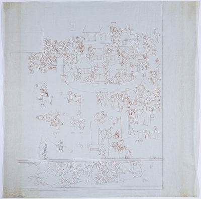 Kopie van een complete muurschildering van de westelijke muur, Bovenste Tempel van de Jaguars, Chichen Itza, Mexico Binnenkamer op westelijke muur Getekend in rode inkt door Adela Breton