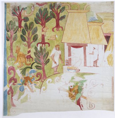 Kopie van een deel van een muurschildering van het zuidelijke eindpaneel, oostmuur, binnenkamer, Bovenste Tempel van de Jaguars, Grote Balspelbaan, Chichen Itza door Adela Breton