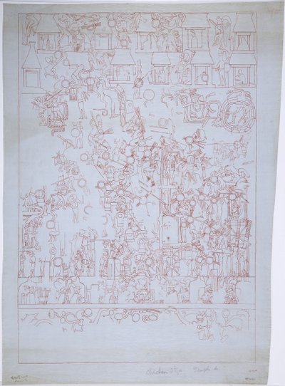 Tekening van de Zuidelijke Muur, Bovenste Tempel van de Jaguars, Chichen Itza, Mexico door Adela Breton