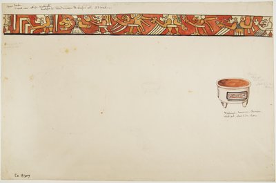 Binnenrand van een driepootvaas (met groteske figuren) en een witte pot met ontwerpen in rechthoeken door Adela Breton