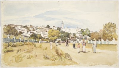 Mannen, vrouwen en kinderen die langs een weg lopen met een dorp op de achtergrond, Jalapa (Xalapa) Veracruz, Mexico door Adela Breton