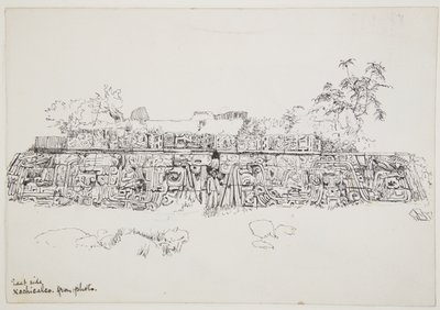 Schilderij van een geschilderd reliëf van de Tempel van de Gevederde Slang Xochicalco, Mexico (oostzijde van het onderste terras) door Adela Breton