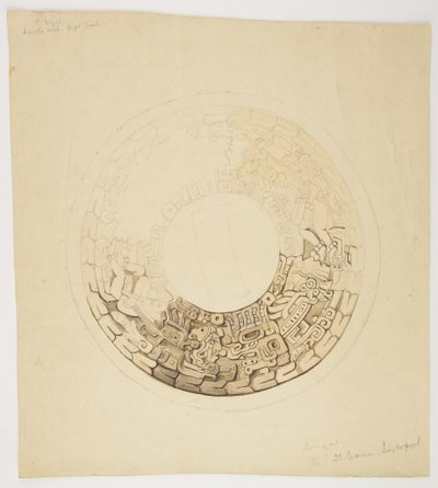 Potdeksel uit Belize (voorheen Brits Honduras) Circulair ontwerp, waarvan een deel ontbreekt, toont een ontwerp met figuren van mannen, glyphs enz. door Adela Breton