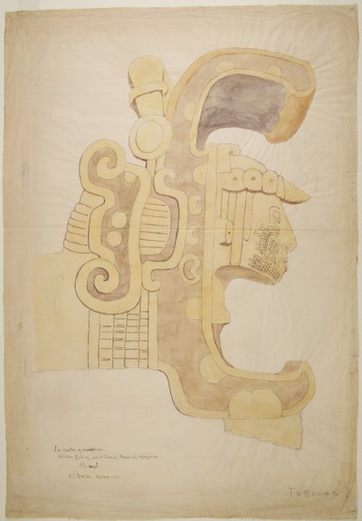 Ruïnes/stenen reliëfs bij de tempel in Uxmal, Mexico Gesneden hoofd, rijkelijk versierd (aquarel) door Adela Breton