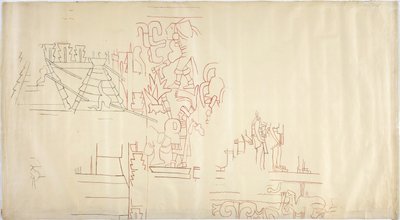 Overtrek van een muurschildering van Casa de Monjas, Chichen Itza, Mexico, overgetrokken en geïnkt in zwart en rood door Adela Breton