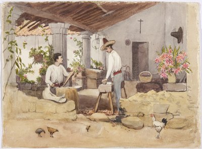 Twee mannen die zadels maken, zadelwinkel, Coscomatepec, Mexico door Adela Breton