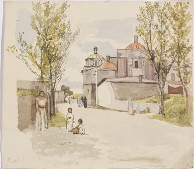Uitzicht op een dorpsstraat met vrouwen en kinderen - Puebla (?), Mexico door Adela Breton