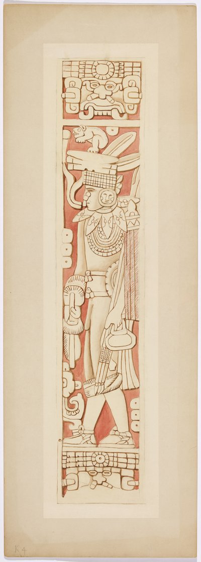 Krijgersfiguur op de deurposten tussen de binnen- en buitenkamers van de Bovenste Tempel van de Jaguars door Adela Breton