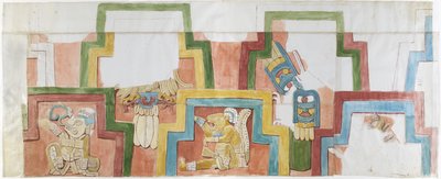 Waterverfkopie van de stucgevel van de tempel op de piramide in Acanceh door Adela Breton
