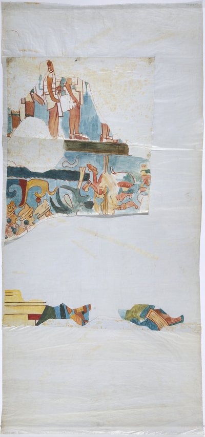 Aquarel op linnen type papier Tekening van muurschildering uit een gewelf in een grote kamer, Casa de Monjas, Chichen Itza, Mexico door Adela Breton