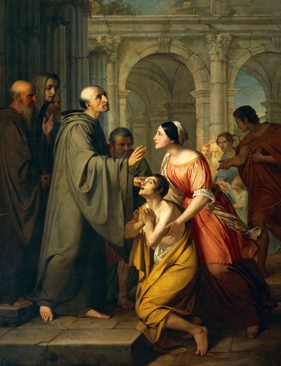 Sint Mauro Abt geeft een jonge blinde man het zicht terug door Adeodato Malatesta or Malatesti