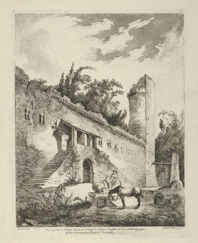 Gezicht op een oud kasteel gelegen op de weg van Rome naar Napels uit Differentes vue... door Adélaide Allou