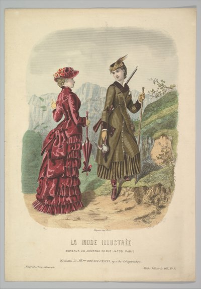 Een dame in een jachtkostuum met een dame in wandelkostuum op een bergpad uit La Mode..., 1881 door Adèle Anaïs Colin