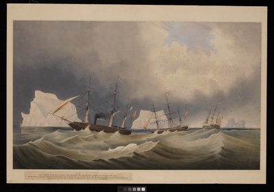 H.M.S. Phoenix met haar begeleiders, The Diligence en Breadalbane, tussen de ijsbergen door Admiral Edward Augustus Inglefield