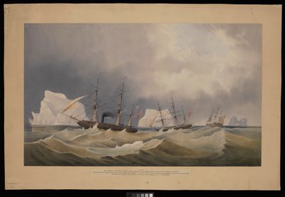 H.M.S. Phoenix met haar begeleiders, The Diligence en Breadalbane, tussen de ijsbergen door Admiral Edward Augustus Inglefield