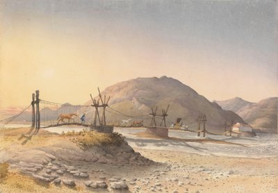 Hangbrug van huidriemen (maar gerepareerd met ketting) over de Maypu, vijf mijl ten zuiden van Santiago, Chili, 11 januari 1851 door Admiral Sir Edward Gennys Fanshawe