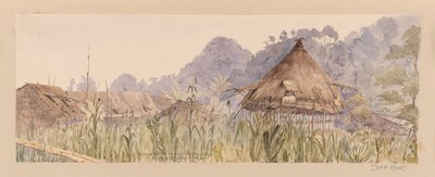 Dorp en hoofdgebouw van de Segu-stam of aan de Manuk- of Segur-rivier uit West-Indië, Noord-Amerika en Borneo plakboek door Admiral Sir Edward Gennys Fanshawe