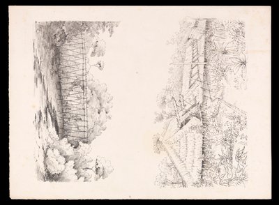 Dorp van de Stang-stam, Sarawak, Borneo; en een brug van palen over een rivier uit West-Indië, Noord-Amerika en Borneo plakboek, ca. 1845 door Admiral Sir Edward Gennys Fanshawe