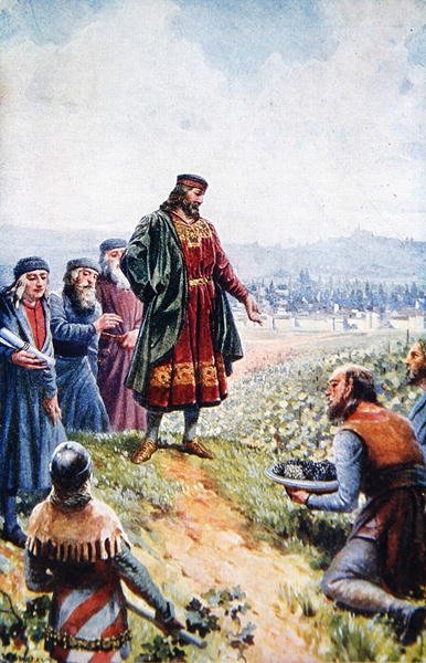 Karel IV inspecteert druiven tijdens zijn aanmoediging van wijnproductie in Bohemen, begin twintigste eeuw door Adolf (after) Liebscher