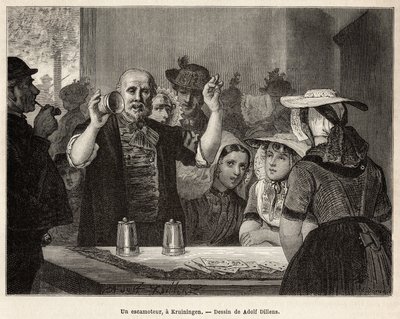 Een retracteur, in een herberg in Kruiningen, voert zijn nummer op voor aandachtige toeschouwers, gegraveerd naar de tekening van Adolf Dillens, illustrerend een reis naar Zeeland (Nederland), in 1873, door Charles de Coster, gepubliceerd in 