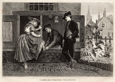 Een schoenmaker in een Zeeuws dorp, laat een jonge vrouw een schoen passen, vergezeld door een jonge man, gravure naar de tekening van Adolf Dillens, ter illustratie van een reis naar Zeeland (Nederland), in 1873, door Charles de Coster, gepubliceerd in 