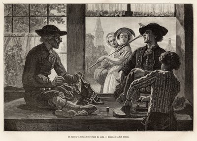 Een kleermaker en zijn leerling, werkend aan de rand van het raam om te genieten van het licht en het schouwspel van de voorbijgangers op straat, in Rilland (Zuid-Beveland), gravure naar de tekening van Adolf Dillens, ter illustratie van een reis naar Zela door Adolf Alexander Dillens
