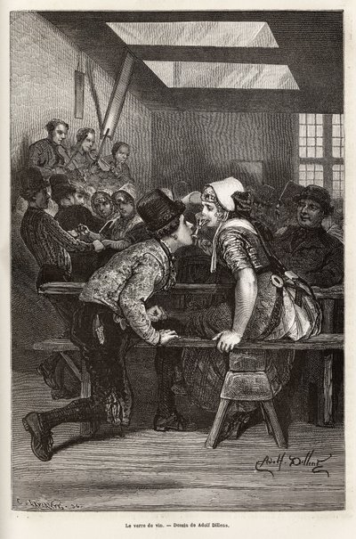 Op kermisdagen bieden de boeren zoete likeuren aan jonge meisjes aan, hetzelfde glas dient iedereen, en gaat van mond tot mond, vaak gevuld, en stelt de jonge vrijer in staat om zijn hof te maken, op het ritme van het orkest en de dansen, gravure door Adolf Alexander Dillens