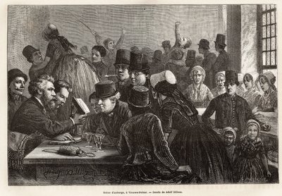 Scène in een herberg, in Vrouwe-Polder (Vrouwe Polder), gravure naar de tekening van Adolf Dillens, ter illustratie van een reis naar Zeeland (Nederland), in 1873, door Charles de Coster, gepubliceerd in 