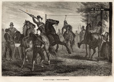De race naar de ring in Niewland, de jonge ruiters strijden om, wapen van een houten speer, het verwijderen van de ring van de poort waar deze aan is opgehangen, paard gooit galop; voor de meest onhandige, is er ook een houten lepel opgehangen aan een nabi door Adolf Alexander Dillens