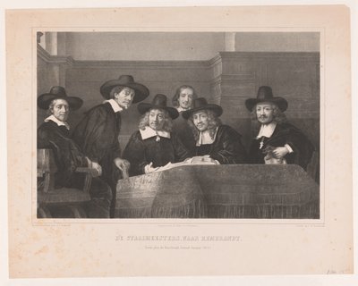 De Staalmeesters: het college van staalmeesters (waardijns) van het Amsterdamse lakenbereidersgilde (naar Rembrandt) door Adolf Carel Nunnink