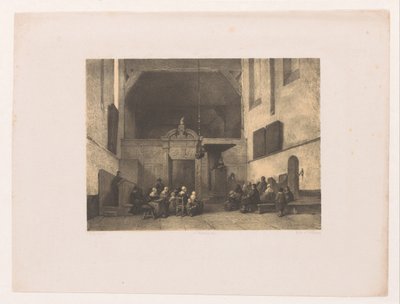 Kerkinterieur met figuren door Adolf Carel Nunnink