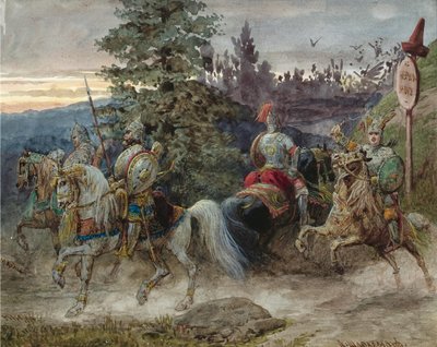 De weg naar Chernomor. Illustratie bij het gedicht Ruslan en Lyudmila van A. Pushkin door Adolf Charlemagne