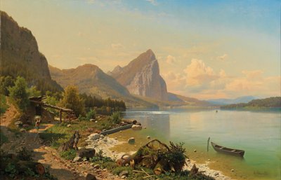 Partij bij Mondsee bij Scharfling met uitzicht op de Drachenwand door Adolf Chwala