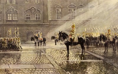 Vaandeldragende eskadron van de Gardes du Corps, lijfwacht van de Duitse Keizer (kleur litho) door Adolf Closs