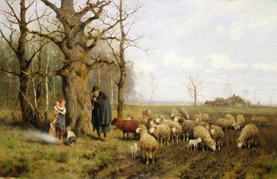 Kinderen met een herder en schapen in een landschap door Adolf Ernst Meissner