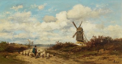 Landschap met windmolen en schaapherders door Adolf Heinrich Lier